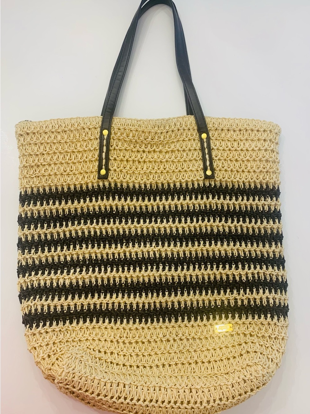 La Vie en Rose Aqua Woven Straw Beach Tote Bag Black & Natural Large Shopper